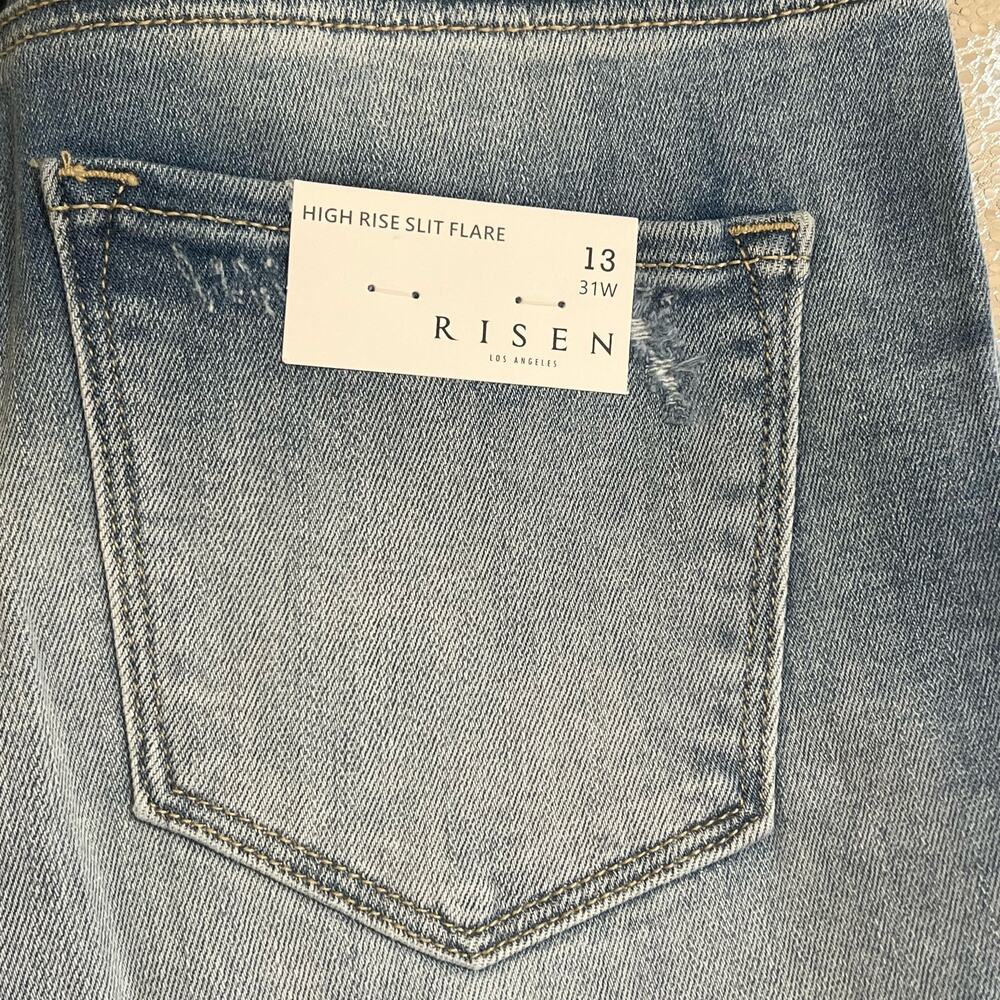 Risen High Rise Distressed Frayed Hem Flare Leg Blue Womens Size 31 - Picture 8 of 14